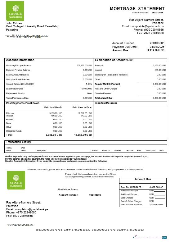 Download Palestine Quds bank mortgage statement in Word and PDF formats Photoshop template